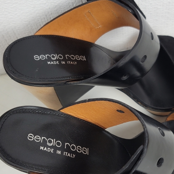 Sergio Rossi Suede Leather Buckle Wood Platform Cone Heels Slides Sandals Sz 37 - Picture 7 of 15